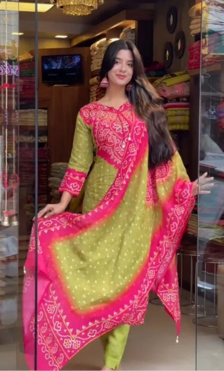 Chinnon Silk With Digital Print and Diamond Handwork Top-Bottom And Dupatta