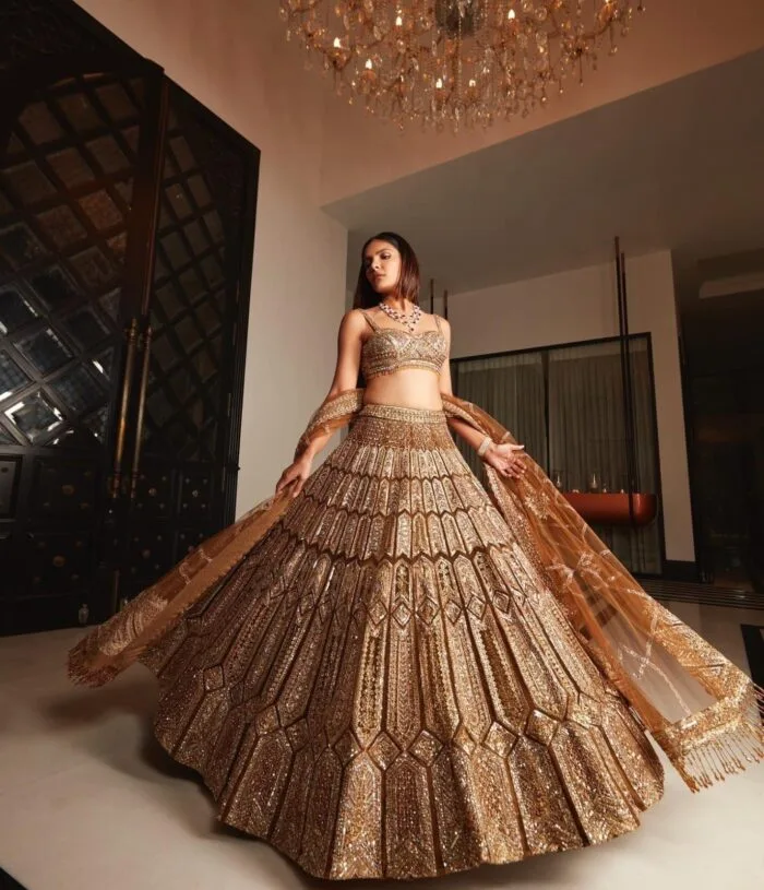 Model showcasing ethnic designer wear with intricate embroidery