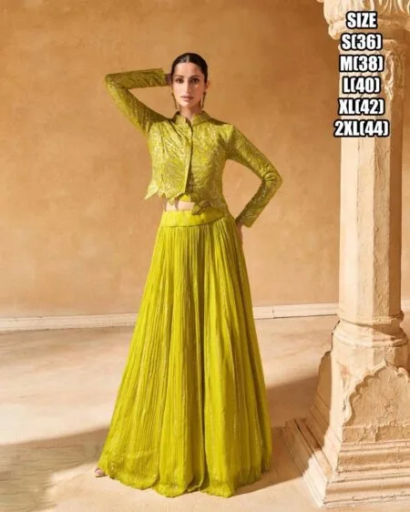 Green Embroidered chinon silk lehenga with jacket