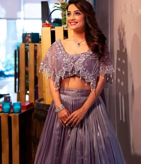 Embellished Crop top and shrug with a box pleated skirt