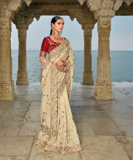 Cream Pure Banarasi Jari Saree With Heavy Lucknowi Jarkhan Work