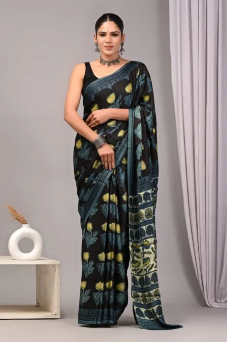 Handblock ajrakh and bagru printed dola silk saree
