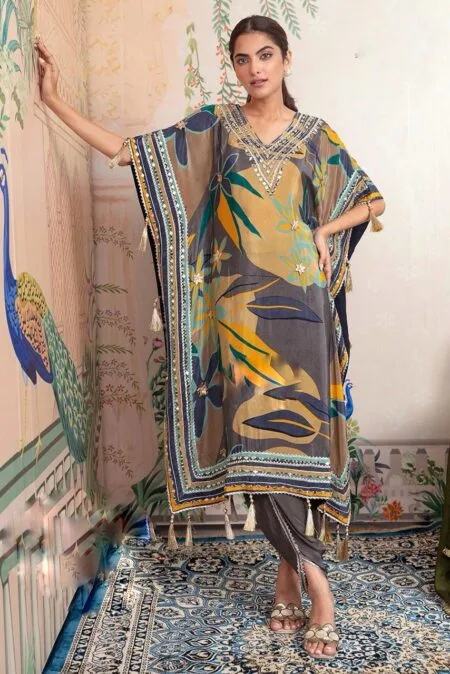 Chiffon kaftan style kurti n dhoti pant set with tassels