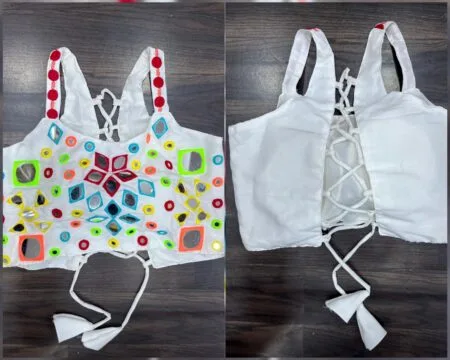 Sleeveless rayon readymade blouse with heavy mirror and kodi work