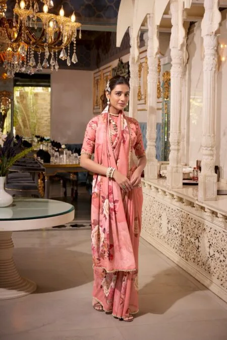 Floral Printed Georgette saree with pearl lace border