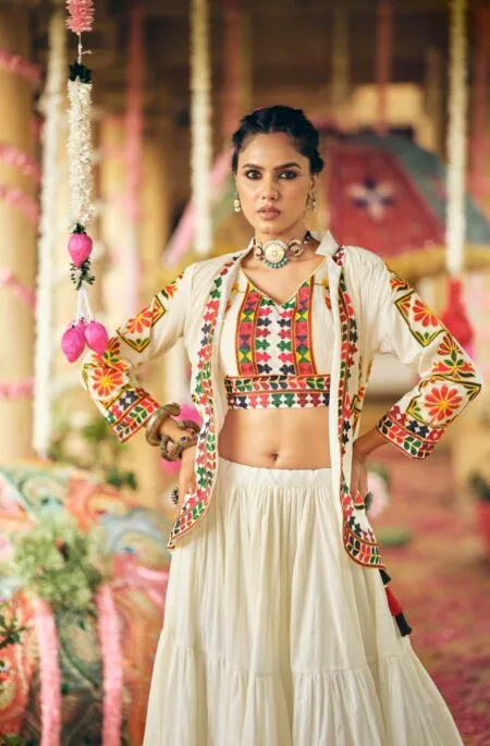 White embroidered lehenga choli with dupatta