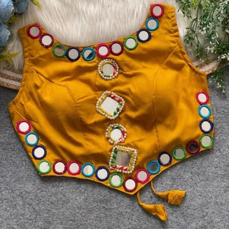 Sleeveless Yellow readymade blouse with mirror work