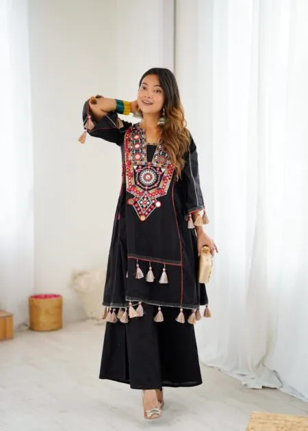 Khadi cotton embroidery sequins work and mirror work top and palazzo set