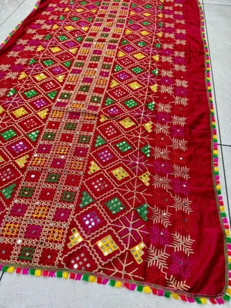 Red Mirror embroidered dupattas with tassels