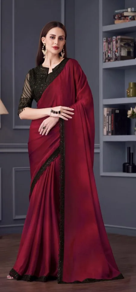 Chinnon Deep Red Lace Embroidered Jacket Style Light Weight Saree