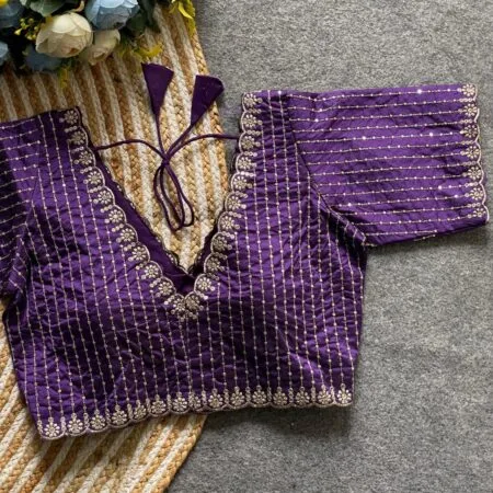 Purple and gold V neck Banarasi silk blouse