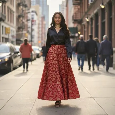 Deep Red Brocade Maxi Skirt Set – Black Shirt, Choker (3-Piece Ensemble)