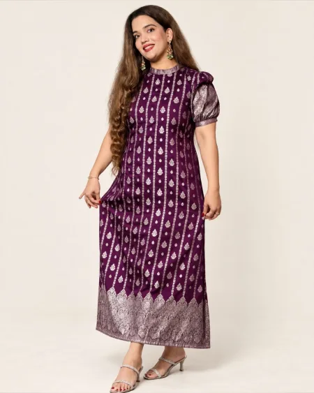 Plum Banarasi Silk Maxi Dress with Puff Sleeves and Zari Ornate Border