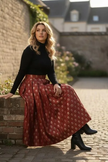 Red Brocade box pleated skirt