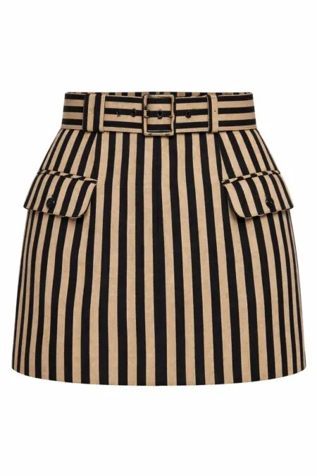 High-Waisted Belted black and gold Striped Mini Skirt | Luxury Tailored Boutique Skirt