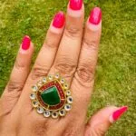 Emerald Green Kundan Statement Ring – Traditional Gold Finish Adjustable Ring for Women