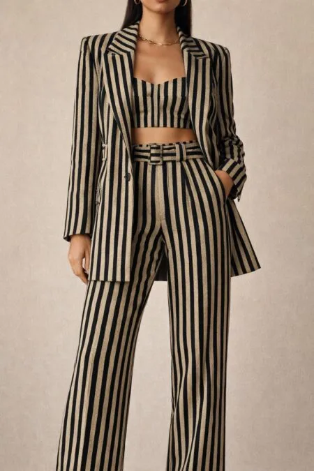 Luxury 3-Piece Striped Power Suit Set | Tailored Blazer, Corset Top & Belted Trousers