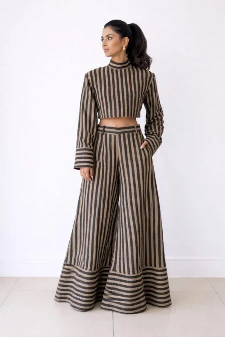 Black & Gold Striped Co-ord Set – Designer Crop Top & Wide Leg Pants Set for Women