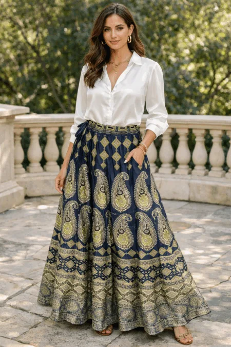 Ajrakh Hand Block Printed Dola Silk Skirt
