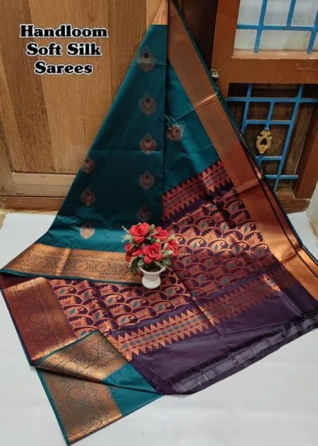 Teal & Deep Plum Handloom Soft Silk Saree with Copper Zari