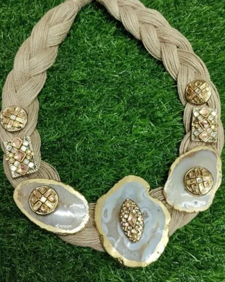 Handmade Braided Jute Statement Necklace with Gold-Rimmed Agate Slices