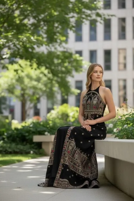 Black georgette halter neck gown with front slit