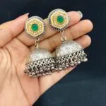 Oxidised Silver Jhumka Earrings with Green Stone Kundan Stud – Traditional Dome Drop Earrings for Ethnic & Festive Wear