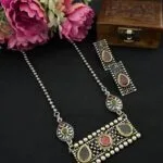 Oxidised Silver Statement Necklace Set with Multicolor Stones & Earrings