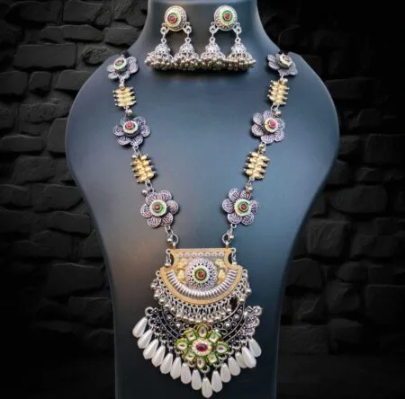 Dual tone Oxidised Silver Floral Necklace Set with Pearl Drops