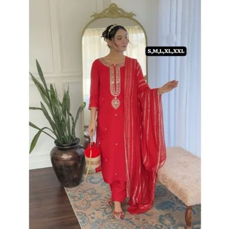 Embroidered Viscose Chanderi kurti oant and dupatta set