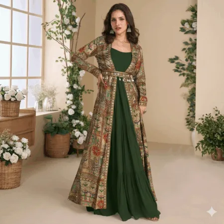 Dark Green Shrug Style Gown with Embroidered Work