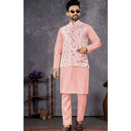 Silk Kurta Pyjama & Jacquard Koti Set