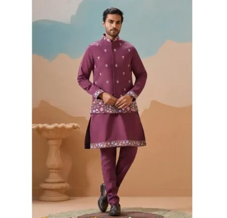 Multi thread viscose silk sequins embroidered kurta pajama and koti set